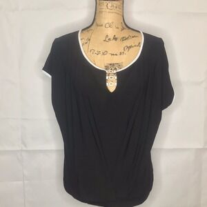 A.U.W Womens Black Short Sleeve Keyhole Blouse Gold Hardware Size M